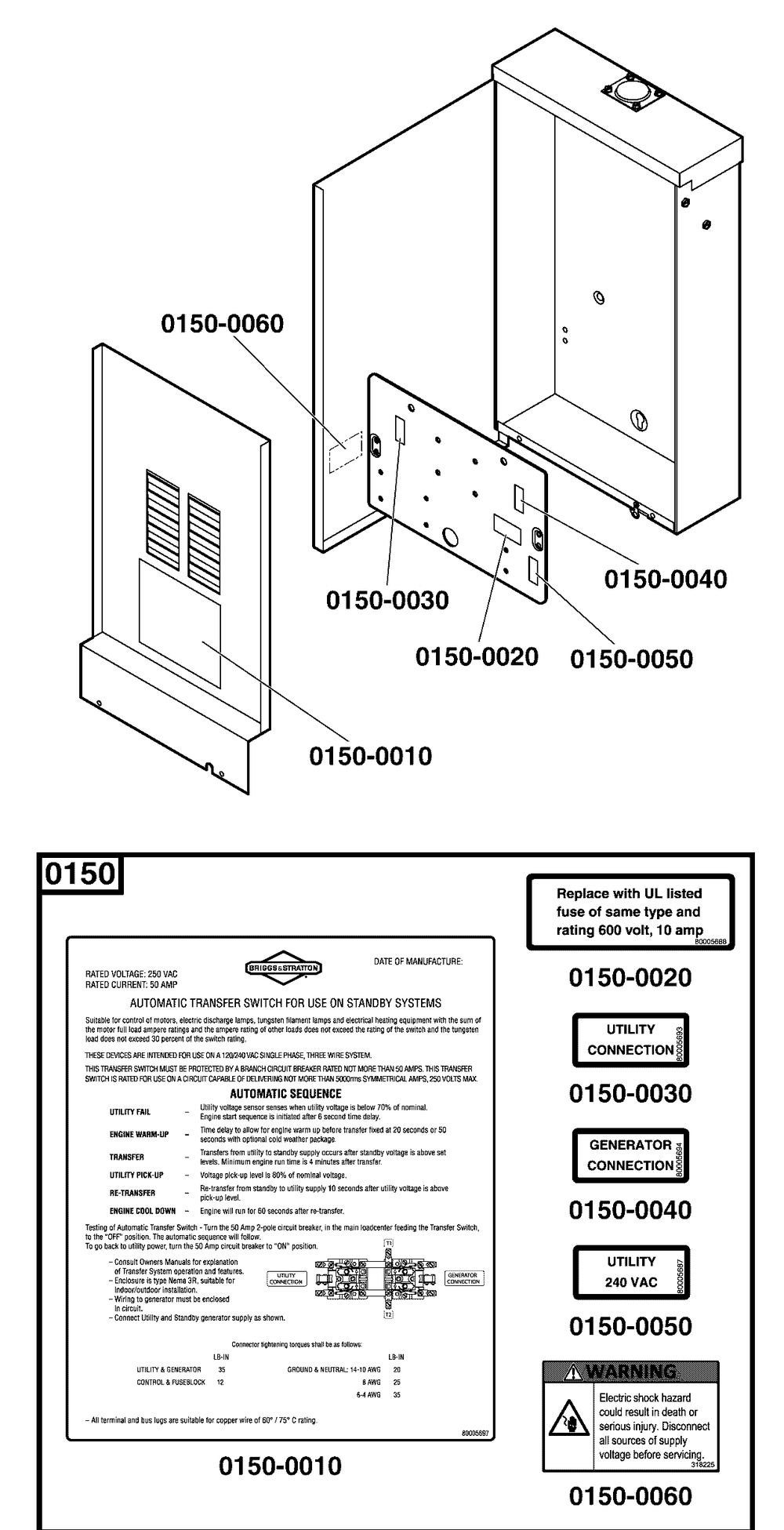 Decals Group - Ats  Warning Diagram and Parts List for 071075-00  Briggs and Stratton Generator